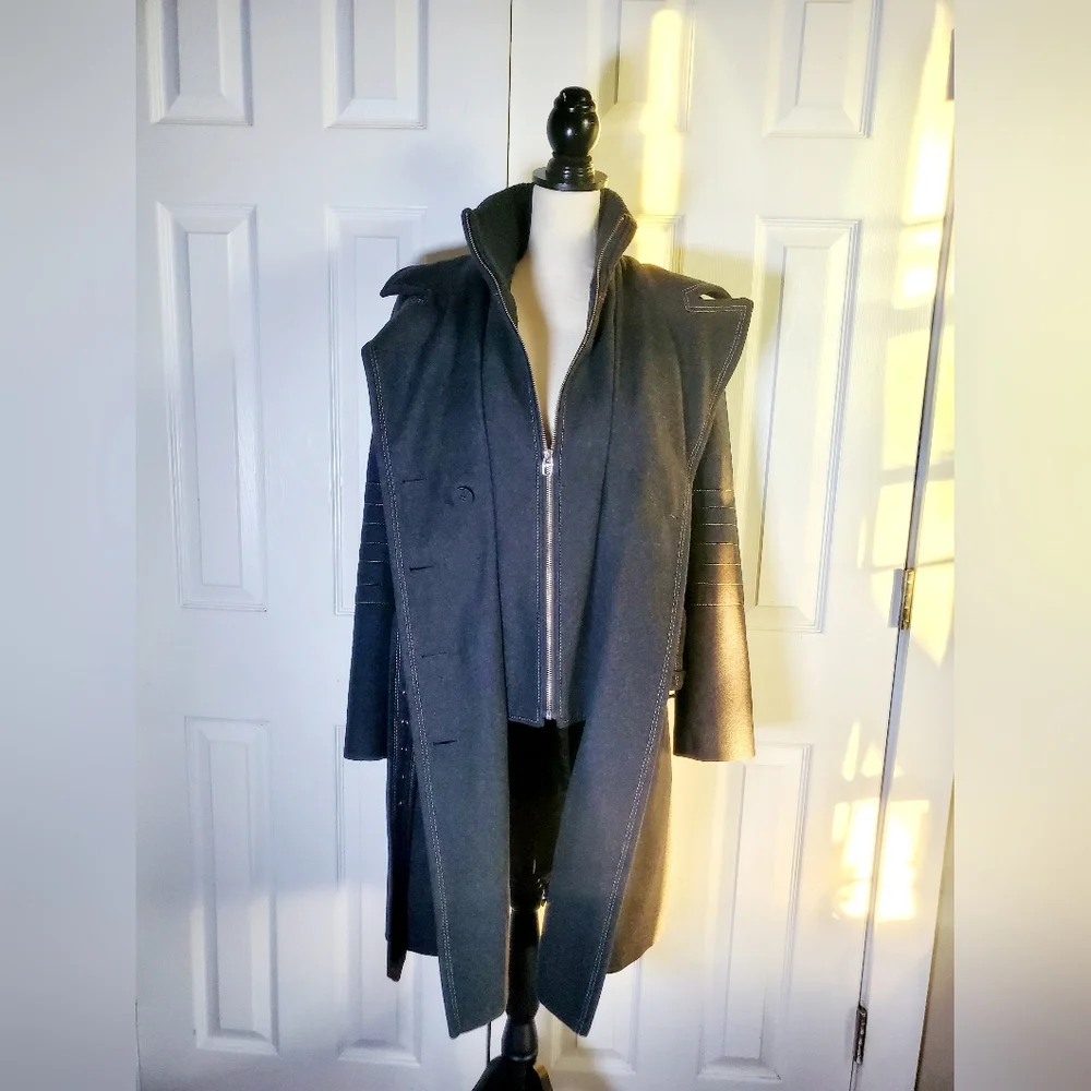 Miss Sixty Gray Wool Blend Belted Womens Coat With Ribbed Bib Collar - Picture 8 of 15